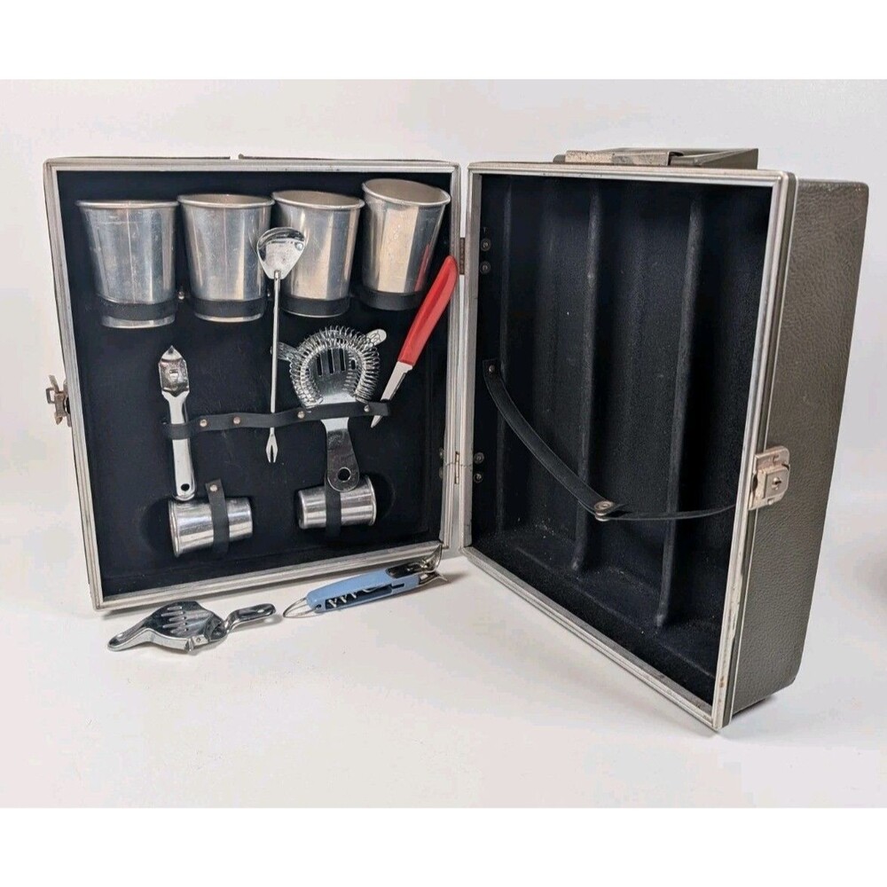 Vintage Mid‑Century Portable Bar Set Hard Case Aluminum Cups Bar Tools Travel